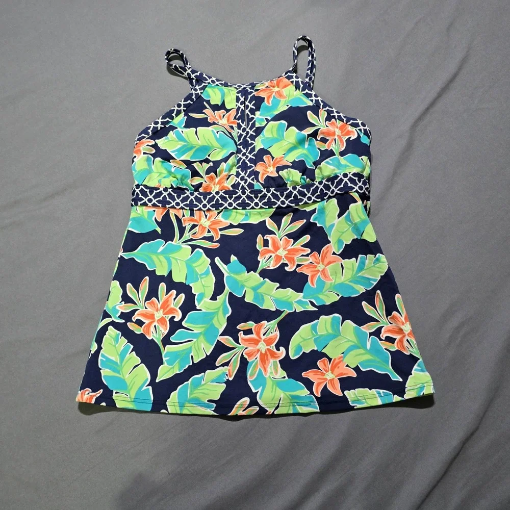 Lands End Tankini Top Womens 4 Navy Blue Floral Tropical High Neck Swimwear